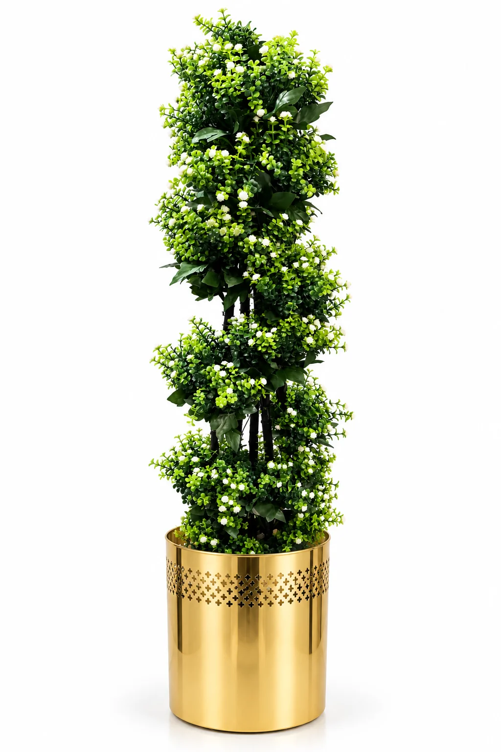 Artificial Spiral Topiary Plant with White Flowers in Premium Golden Planter