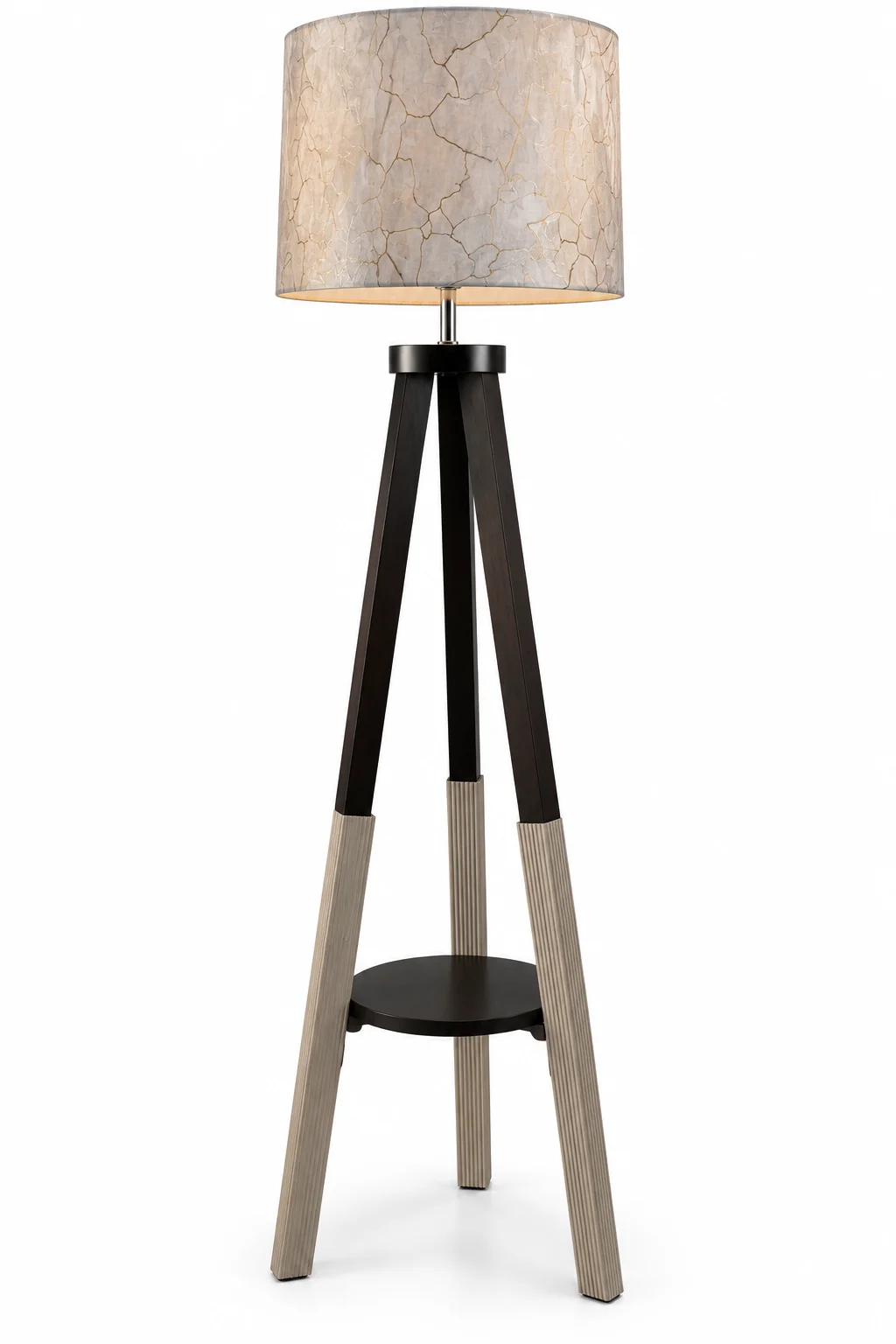 Modern Tripod Floor Lamp with Beige Crackle Shade and Wooden Stand