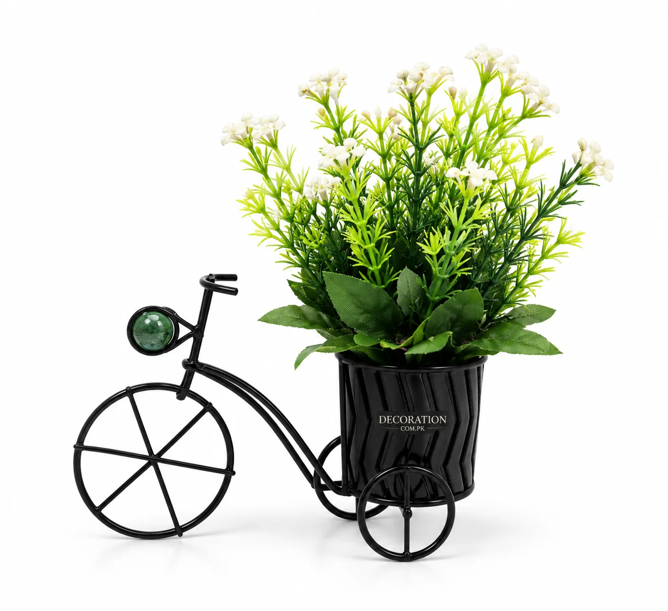Artificial White Flower Table Plant in Black Tricycle Planter