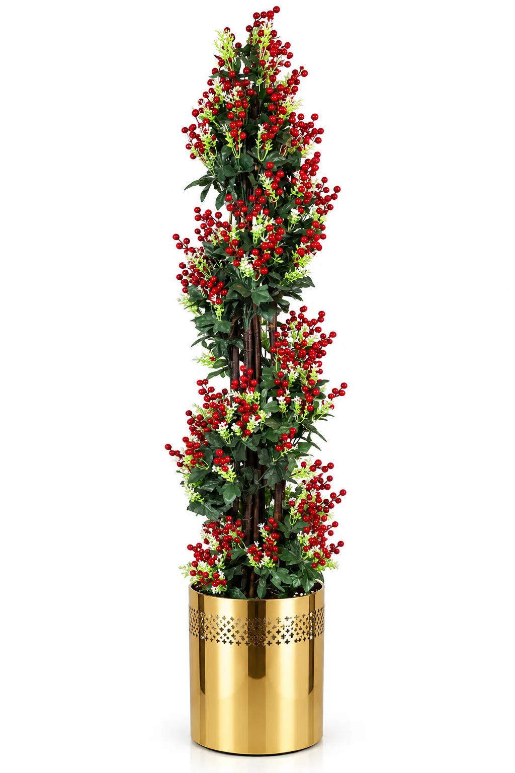 Artificial Red Berry Topiary Plant with Premium Golden Planter
