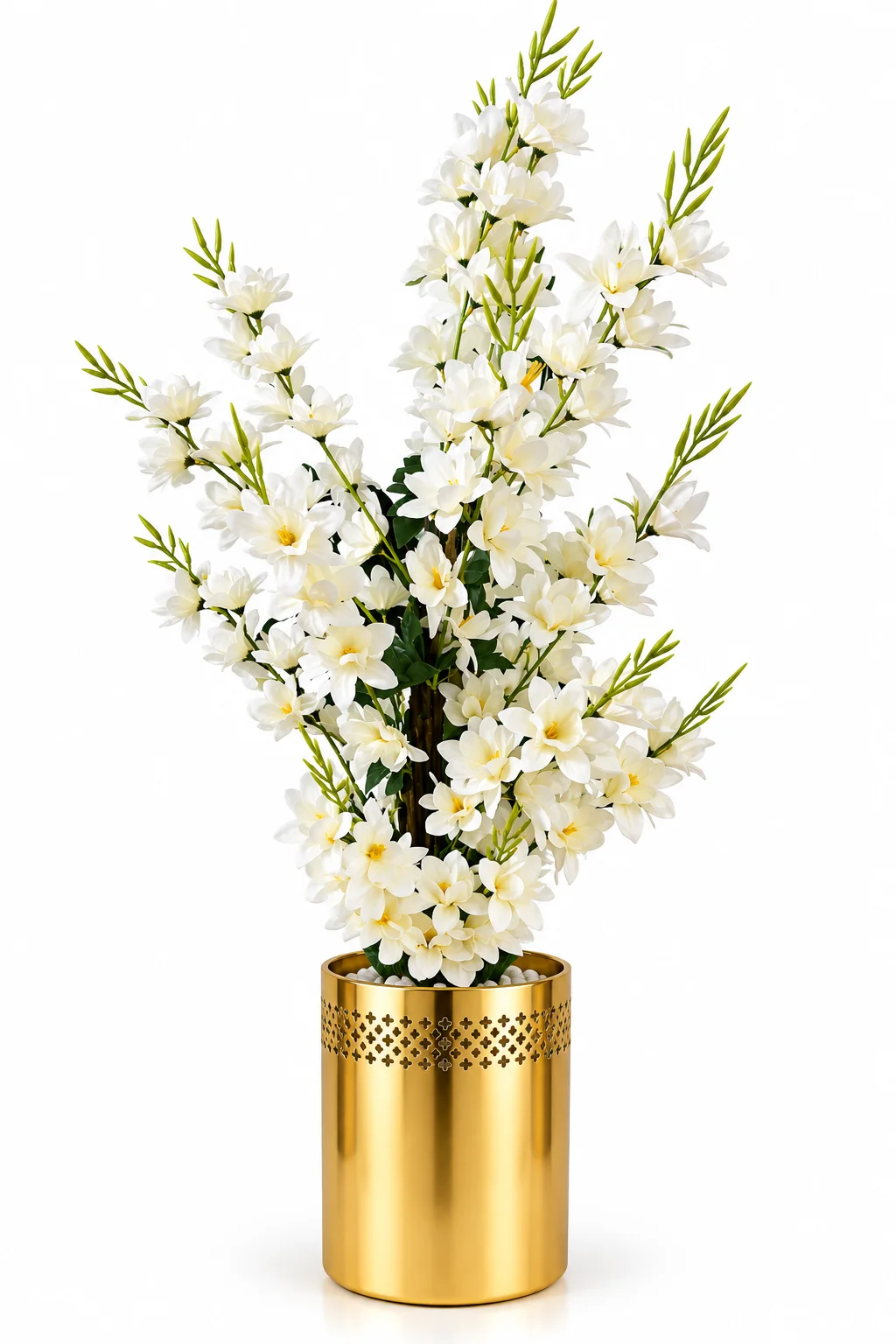 Artificial White Blossom Flower Arrangement with Golden Planter